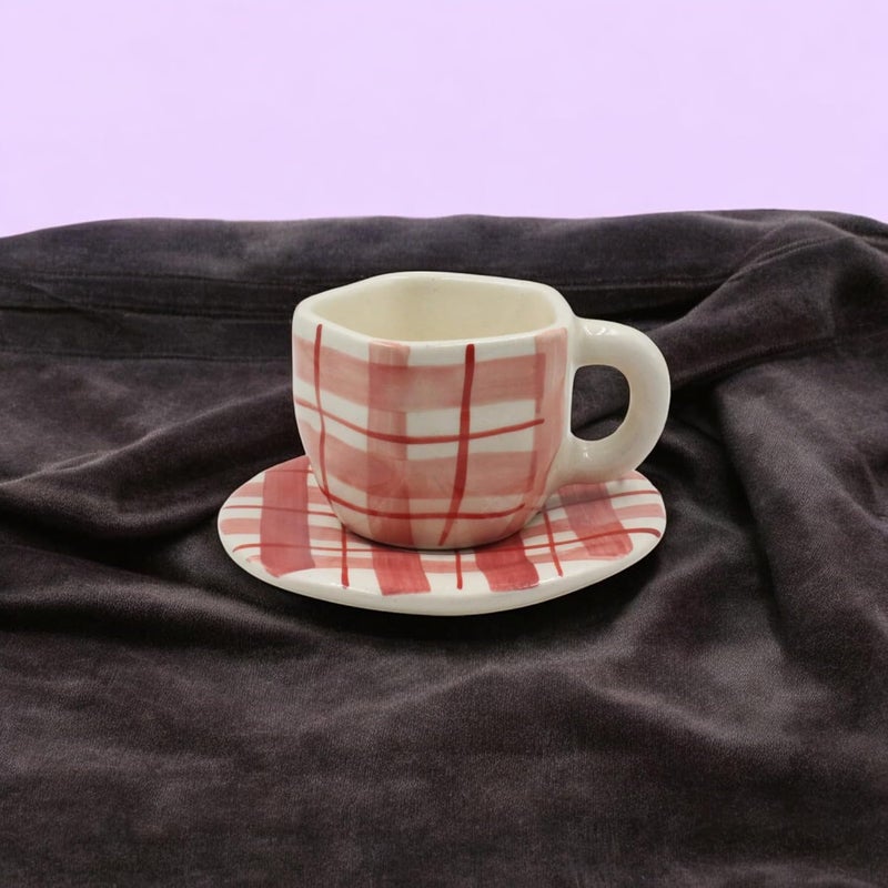 THE POTTERY MUSE Ceramic Tea Cup and Saucer Set 300ml Red and White Plaid Pattern Set of 1 Perfect for Hot Beverages Microwave and Dishwasher Safe Ideal for Home Office or Gifting - Image 1