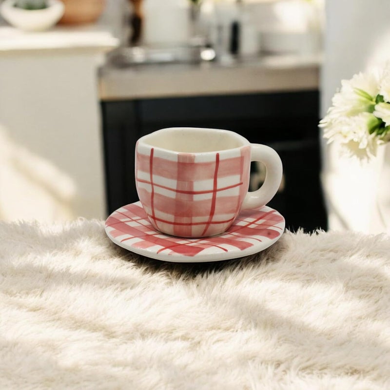 THE POTTERY MUSE Ceramic Tea Cup and Saucer Set 300ml Red and White Plaid Pattern Set of 1 Perfect for Hot Beverages Microwave and Dishwasher Safe Ideal for Home Office or Gifting - Image 4
