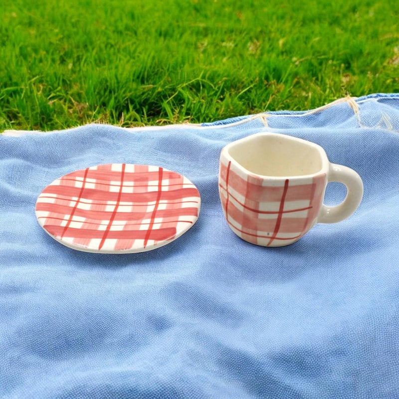 THE POTTERY MUSE Ceramic Tea Cup and Saucer Set 300ml Red and White Plaid Pattern Set of 1 Perfect for Hot Beverages Microwave and Dishwasher Safe Ideal for Home Office or Gifting - Image 3