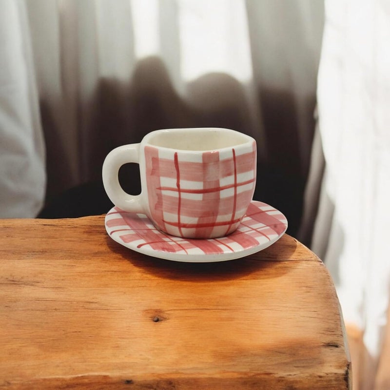 THE POTTERY MUSE Ceramic Tea Cup and Saucer Set 300ml Red and White Plaid Pattern Set of 1 Perfect for Hot Beverages Microwave and Dishwasher Safe Ideal for Home Office or Gifting - Image 5