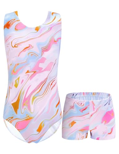 Domusgo Gymnastics Leotards for Girls 7-8 Years Old Glitter Pink Tie Dye Sleeveless Set with Matching Shorts - Image 1