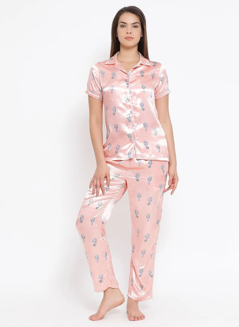 كلوفيا Clovia Satin Printed Button Down Shirt and Pyjama