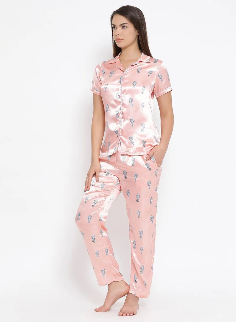 Clovia  Clovia Satin Printed Button Down Shirt and Pyjama for Women | Best Price UAE
