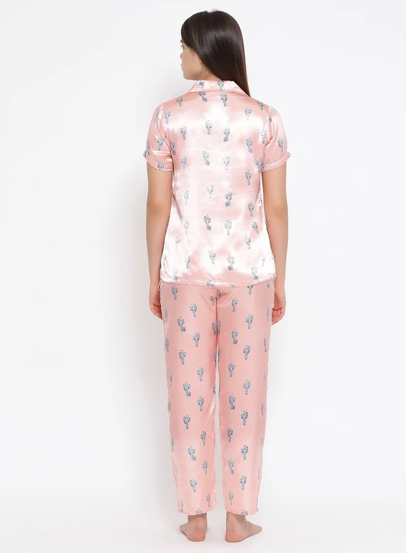 Clovia  Clovia Satin Printed Button Down Shirt and Pyjama for Women | Best Price UAE