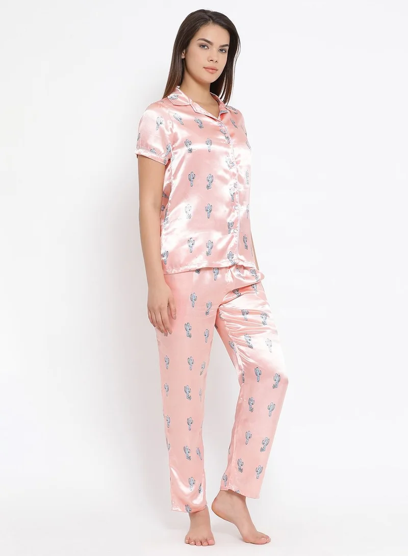 كلوفيا Clovia Satin Printed Button Down Shirt and Pyjama