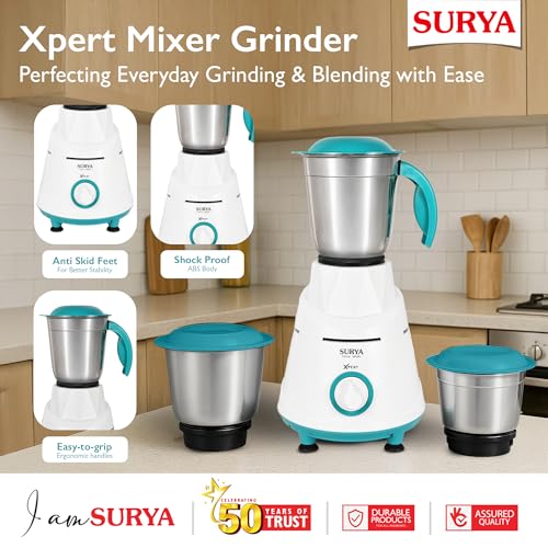 SURYA ROSHNI XPERT 550W Mixer Grinder with 3 Stainless Steel Jars, 304-Grade Stainless Steel Blades, Powerful Motor, Anti-Skid Base, 3-Speed Control, Ideal for Wet & Dry Grinding - Image 2