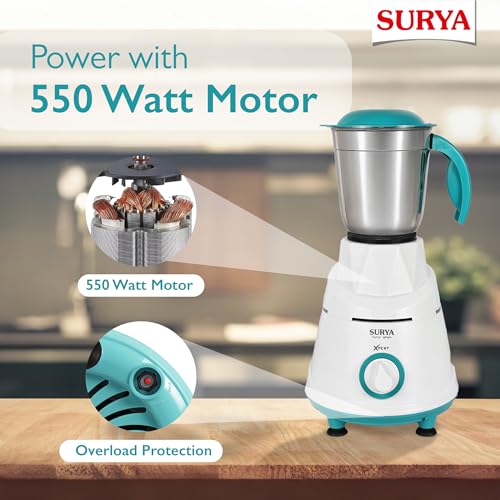 SURYA ROSHNI XPERT 550W Mixer Grinder with 3 Stainless Steel Jars, 304-Grade Stainless Steel Blades, Powerful Motor, Anti-Skid Base, 3-Speed Control, Ideal for Wet & Dry Grinding - Image 4