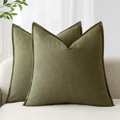 Foindtower Pack of 2 Decorative Linen Soild Throw Pillow Covers Soft Accent Cushion Case Boho Farmhouse Pillowcase for Chair Couch Sofa Bedroom Living Room Home Decor 22 x 22 Inch Olive Green - Image 1