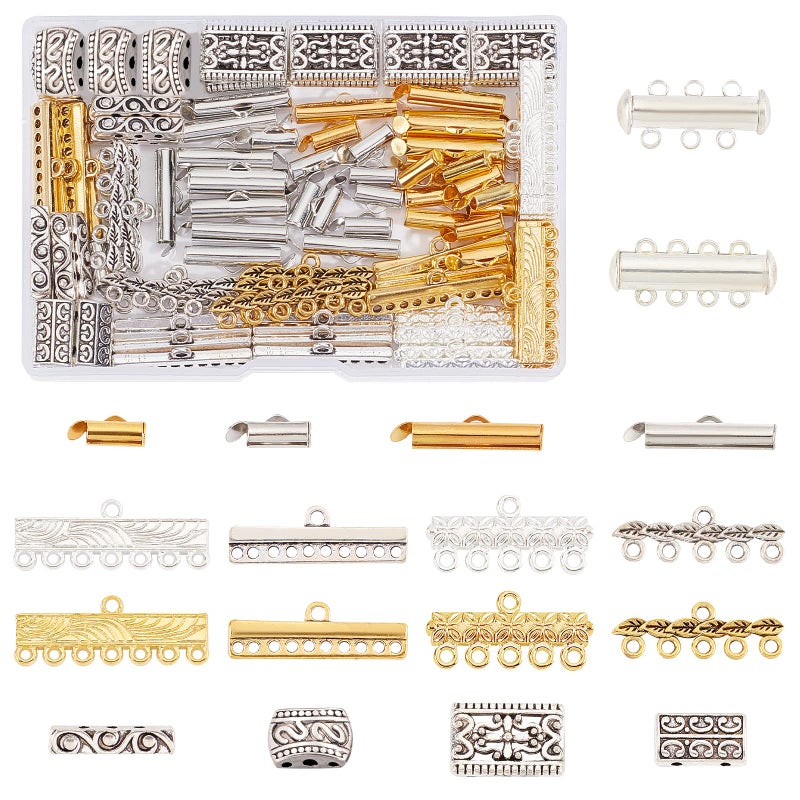 PH PandaHall 18 Styles Layering Clasp 166pcs Slide Lock Clasps Multi Strand Necklace Slide On End Clasp Tubes Tibetan Charm Connector Links Jewelry Clasps for Layered Bracelet Necklace Crafts