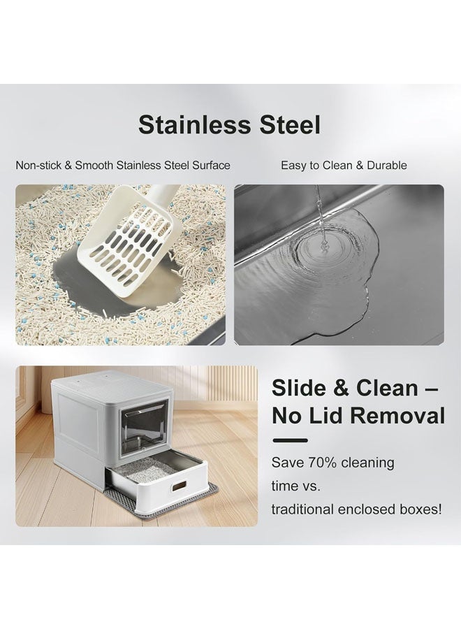 L&E Enclosed Stainless Steel Cat Litter Box with Lid & Drawer Design, XL Extra Large for Indoor Cats, Metal Covered Cat Litter Box, Baffles for Anti-Leakag, with Litter Scoop & Litter Mat - Image 2