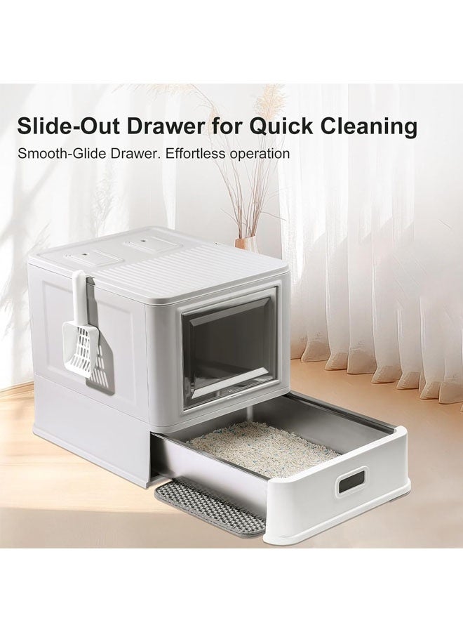 L&E Enclosed Stainless Steel Cat Litter Box with Lid & Drawer Design, XL Extra Large for Indoor Cats, Metal Covered Cat Litter Box, Baffles for Anti-Leakag, with Litter Scoop & Litter Mat - Image 4