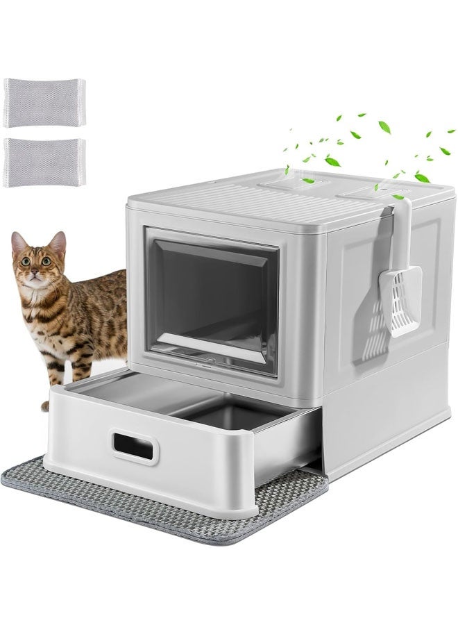 L&E Enclosed Stainless Steel Cat Litter Box with Lid & Drawer Design, XL Extra Large for Indoor Cats, Metal Covered Cat Litter Box, Baffles for Anti-Leakag, with Litter Scoop & Litter Mat - Image 1