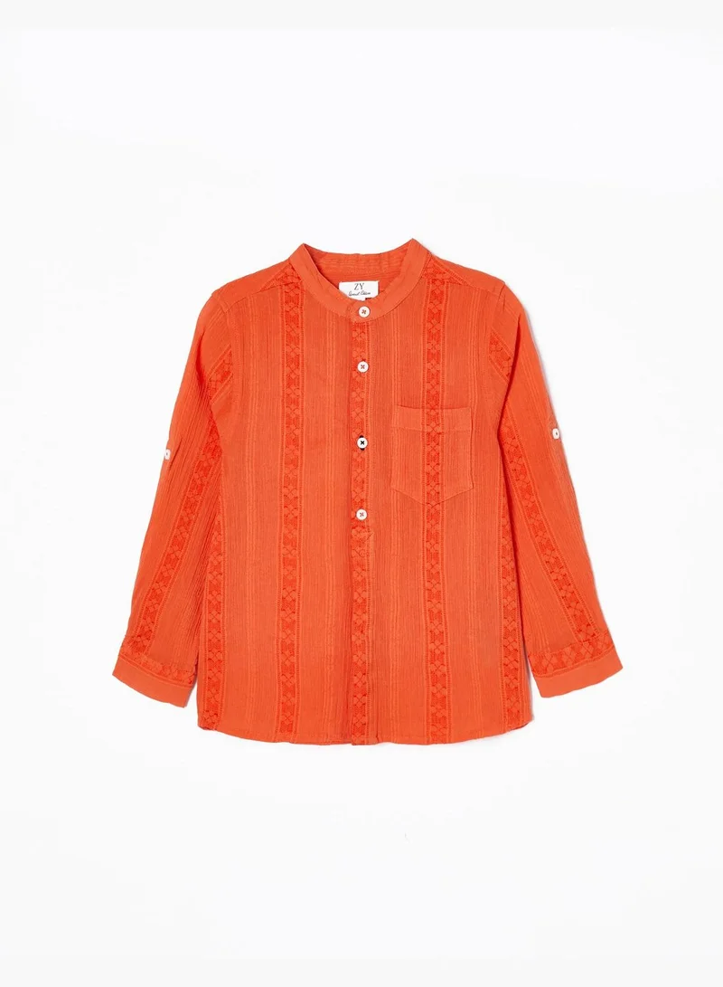 Zippy Zippy Cotton Shirt With Mao Collar And Embroidery For Baby Boys