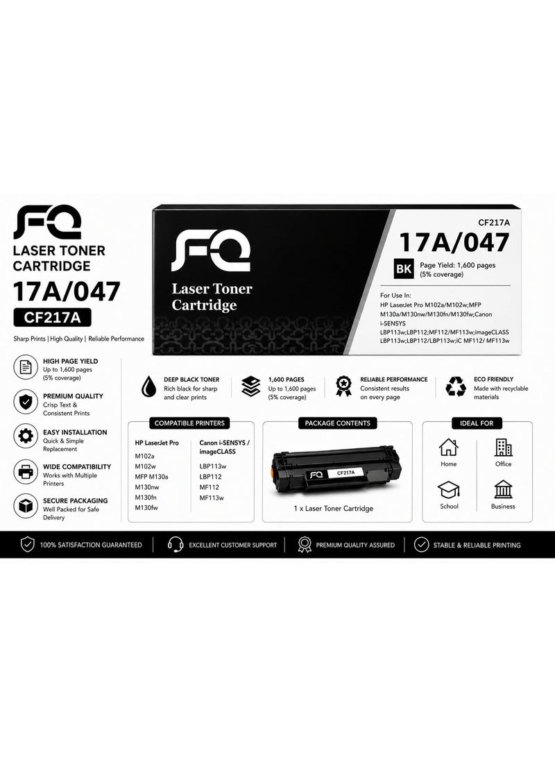 FQ 17A CF217A Compatible Black Laser Toner Cartridge | Up to 1,600 Pages | Replacement for HP LaserJet Pro M102a, M102w, M130a, M130fn, M130fw, M130nw & Canon image CLASS LBP112, LBP113w, MF112, MF113w - Image 1