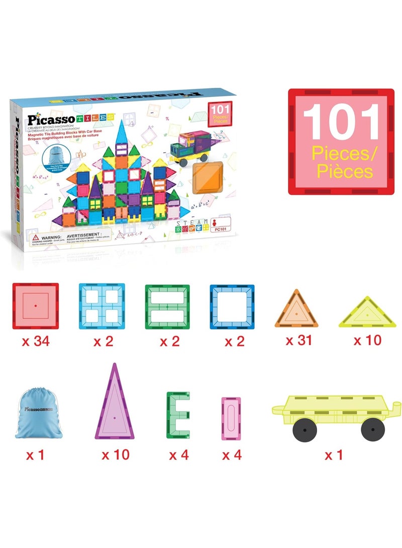PicassoTiles بيكاسو تايلز بلاط مغناطيسي قاعدة سيارة مع حقيبة حمل 101 قطعة | ألعاب STEM | مجموعة ألعاب تعليمية | كتل تكديس | تعزيز مهارات حل المشكلات والمهارات الحركية الدقيقة | تحسين التنسيق والإبداع | هدية للأطفال والرضع | مجموعة بناء لتطوير عقل الطفل - Image 2