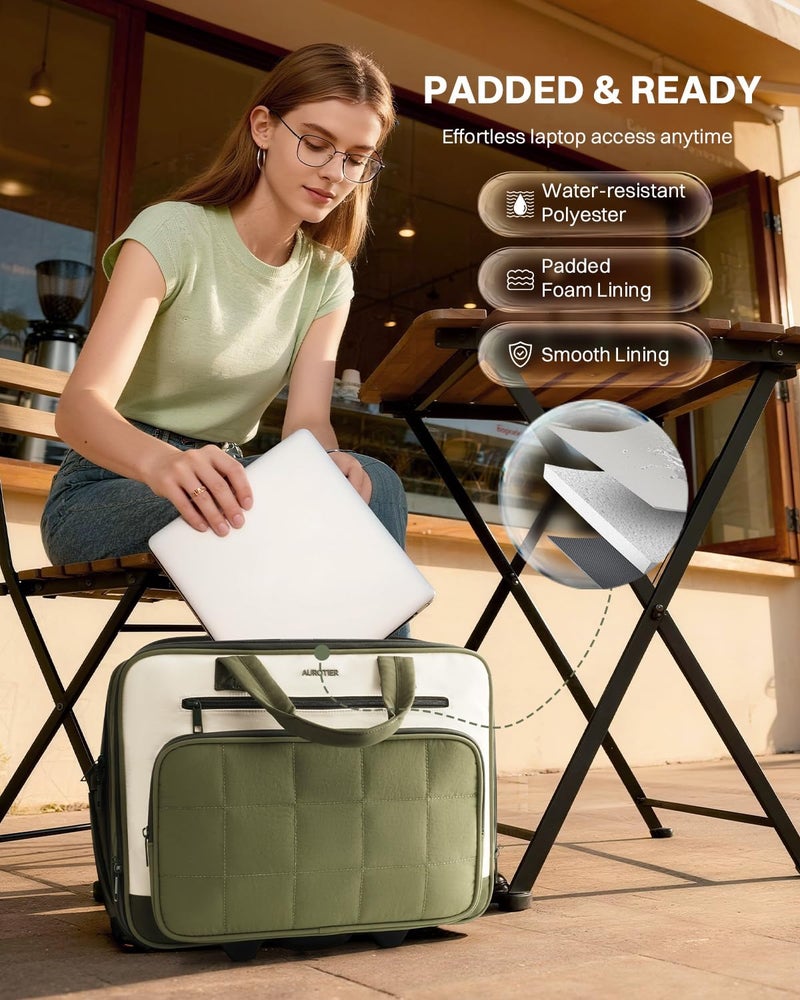 AUROTIER Rolling Puffer Laptop Bag, Rolling Briefcase for Women, Wheeled 16 Inch Computer Bag, Water Resistant Stylish Overnight Underseat Carry On Luggage with Wheels for Work Travel Business, Green - Image 5