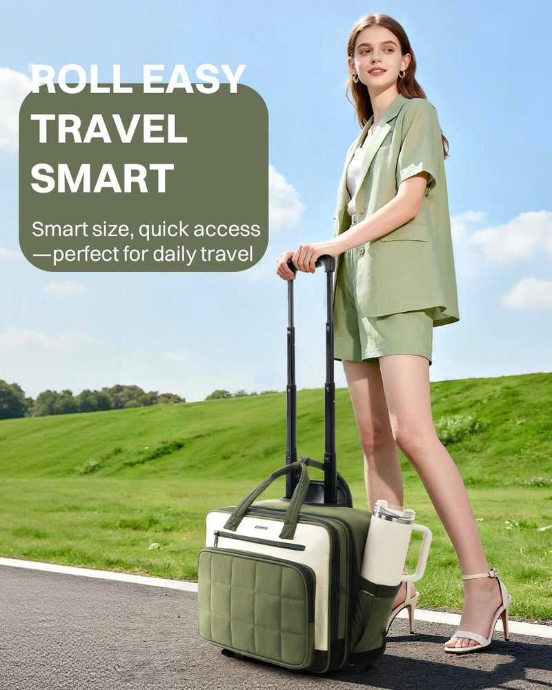AUROTIER Rolling Puffer Laptop Bag, Rolling Briefcase for Women, Wheeled 16 Inch Computer Bag, Water Resistant Stylish Overnight Underseat Carry On Luggage with Wheels for Work Travel Business, Green - Image 2