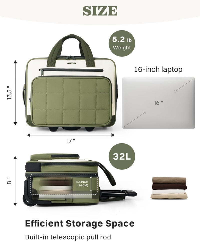 AUROTIER Rolling Puffer Laptop Bag, Rolling Briefcase for Women, Wheeled 16 Inch Computer Bag, Water Resistant Stylish Overnight Underseat Carry On Luggage with Wheels for Work Travel Business, Green - Image 4