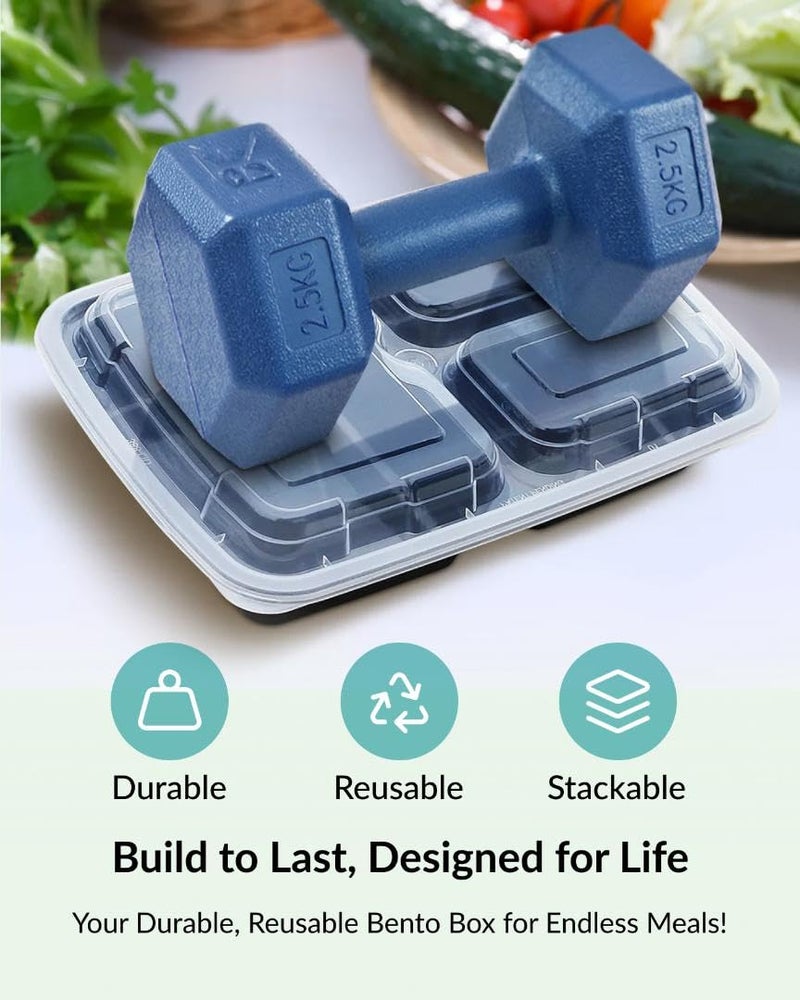 Enther Meal Prep Containers [12 Pack] 3 Compartment with Lids, Food Storage Bento Box | BPA Free | Stackable | Reusable Lunch Boxes, Microwave/Dishwasher/Freezer Safe,Portion Control (36 oz) - Image 3
