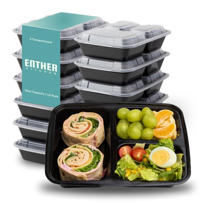 Enther Meal Prep Containers [12 Pack] 3 Compartment with Lids, Food Storage Bento Box | BPA Free | Stackable | Reusable Lunch Boxes, Microwave/Dishwasher/Freezer Safe,Portion Control (36 oz) - Image 1