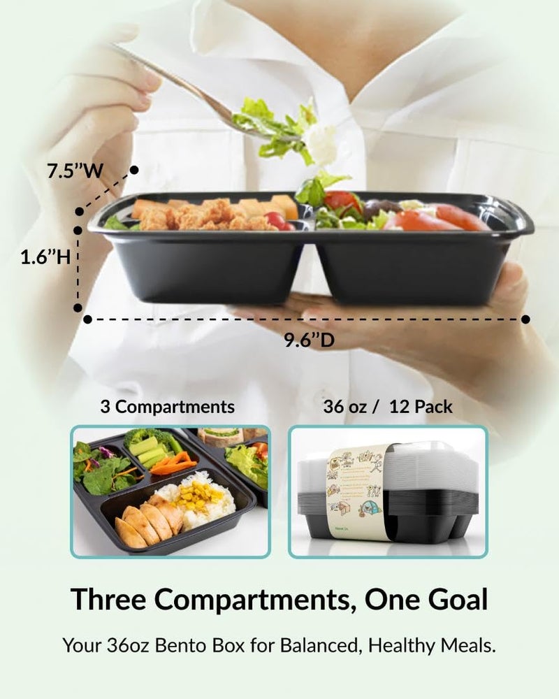 Enther Meal Prep Containers [12 Pack] 3 Compartment with Lids, Food Storage Bento Box | BPA Free | Stackable | Reusable Lunch Boxes, Microwave/Dishwasher/Freezer Safe,Portion Control (36 oz) - Image 2