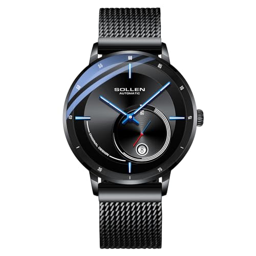 SOLLEN Minimalist Men's Automatic Watches, Black Cool Stylish Mechanical Watch for Men, 30M/3ATM Waterproof Stainless Steel Self-Winding Watches with Calendar, Luminous & Seconds Subdial, Casual Formal Business Luxury Watch for Daily Use - 42mm - Image 1