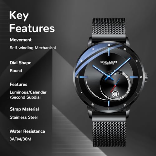 SOLLEN Minimalist Men's Automatic Watches, Black Cool Stylish Mechanical Watch for Men, 30M/3ATM Waterproof Stainless Steel Self-Winding Watches with Calendar, Luminous & Seconds Subdial, Casual Formal Business Luxury Watch for Daily Use - 42mm - Image 4