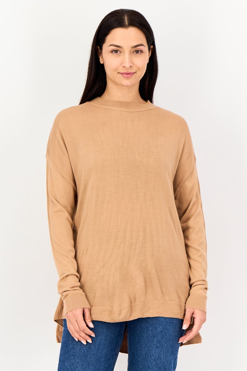 DeFacto Women Mock Neck Long Sleeve Ribbed Sweater, Tan - Image 1