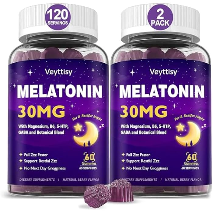 Veyttisy Melatonin 30mg Gummies for Adults - Sugar Free Melatonin Gummies Maximum Strength with Magnesium, B6, GABA & Botanical Blend - Non-Habit Forming,Vegan, Non GMO, Natural Mixed Berry Flavor - Image 1