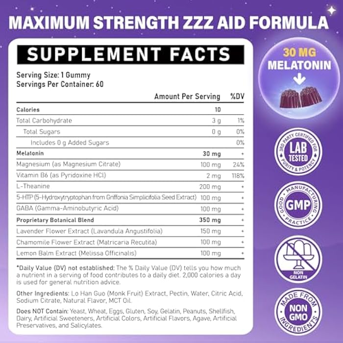 Veyttisy Melatonin 30mg Gummies for Adults - Sugar Free Melatonin Gummies Maximum Strength with Magnesium, B6, GABA & Botanical Blend - Non-Habit Forming,Vegan, Non GMO, Natural Mixed Berry Flavor - Image 2