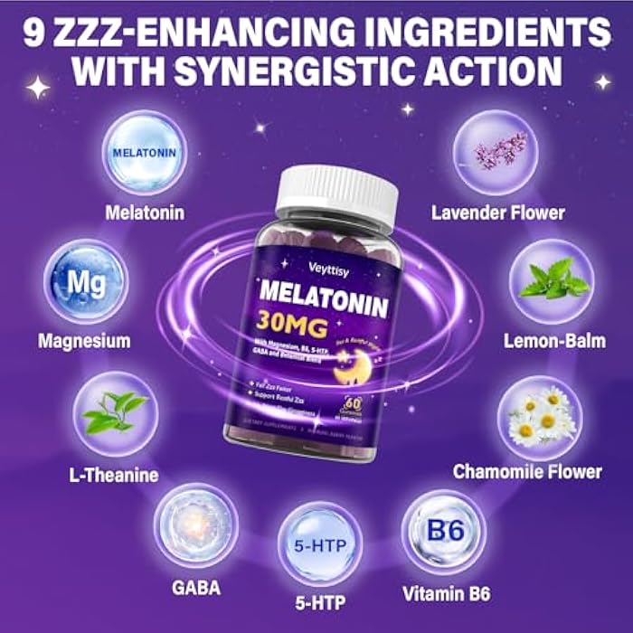 Veyttisy Melatonin 30mg Gummies for Adults - Sugar Free Melatonin Gummies Maximum Strength with Magnesium, B6, GABA & Botanical Blend - Non-Habit Forming,Vegan, Non GMO, Natural Mixed Berry Flavor - Image 3