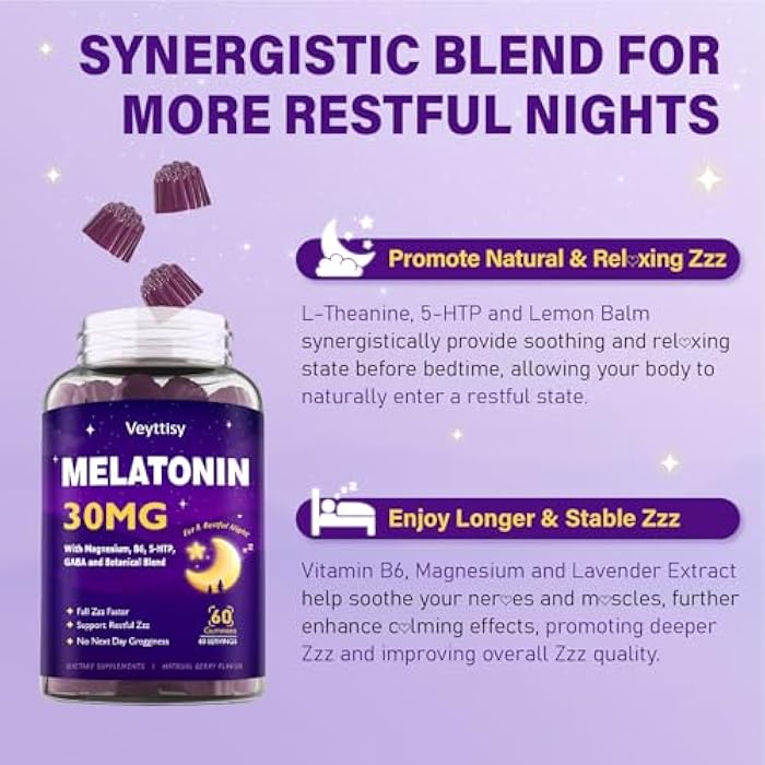 Veyttisy Melatonin 30mg Gummies for Adults - Sugar Free Melatonin Gummies Maximum Strength with Magnesium, B6, GABA & Botanical Blend - Non-Habit Forming,Vegan, Non GMO, Natural Mixed Berry Flavor - Image 5