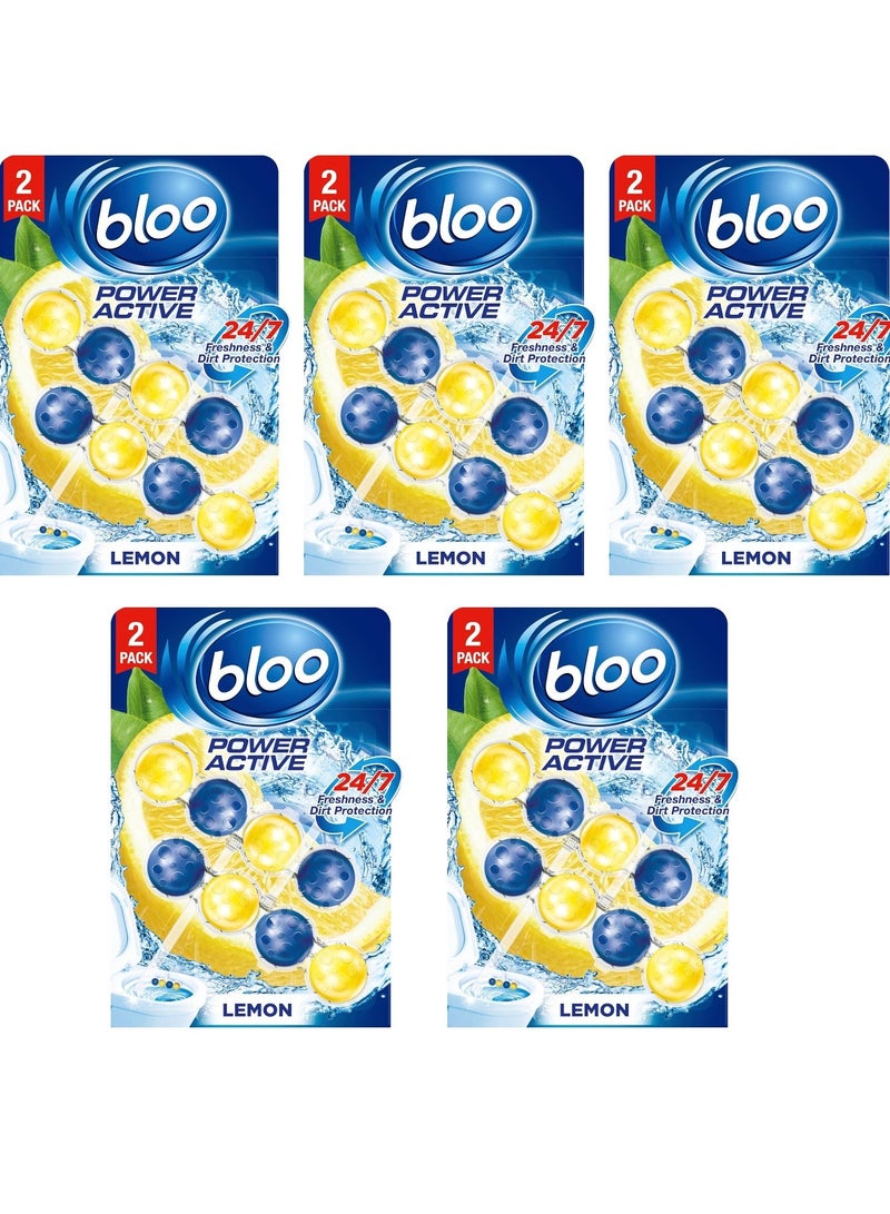 Bloo Power Active Balls Lemon Twin Pack 2x50g – Pack of 5 | 4-in-1 Toilet Rim Block with Cleaning Foam, Anti-Limescale, Dirt Protection & Fresh Lemon Scent - Image 1