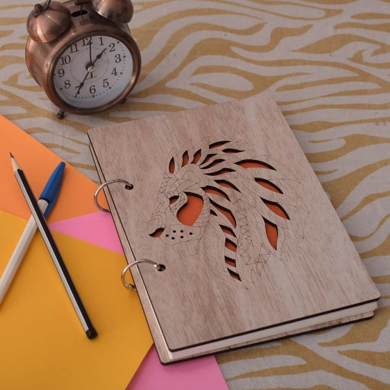 PINNAZ INTERNATIONAL PINNAZ INTERNATIONAL Wooden scrapbook with refillable ring lock plain paper for dairyphoto albumWriting Memories office useDrawing for giftA5 6x85 inches LION DESIGNED SCRAPBOOK 