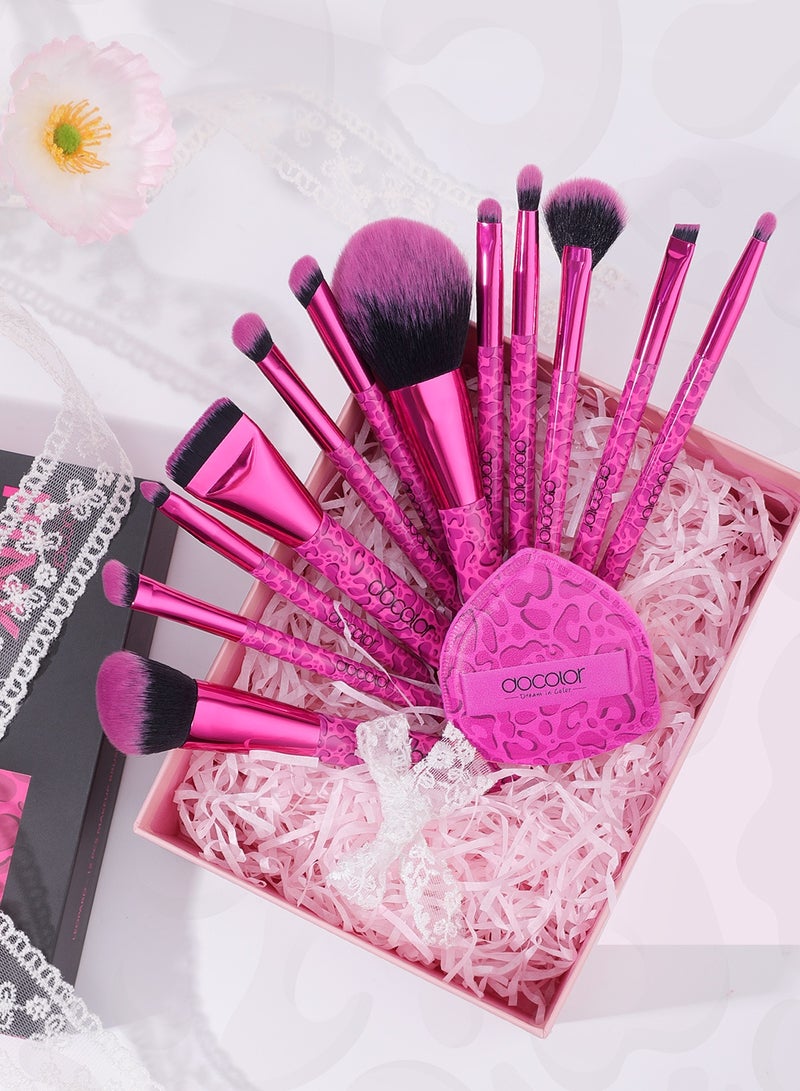 docolor 12-Piece Pink Leopard Makeup Brush Set – with Large Powder Puff for Face & Eye Makeup - Image 1