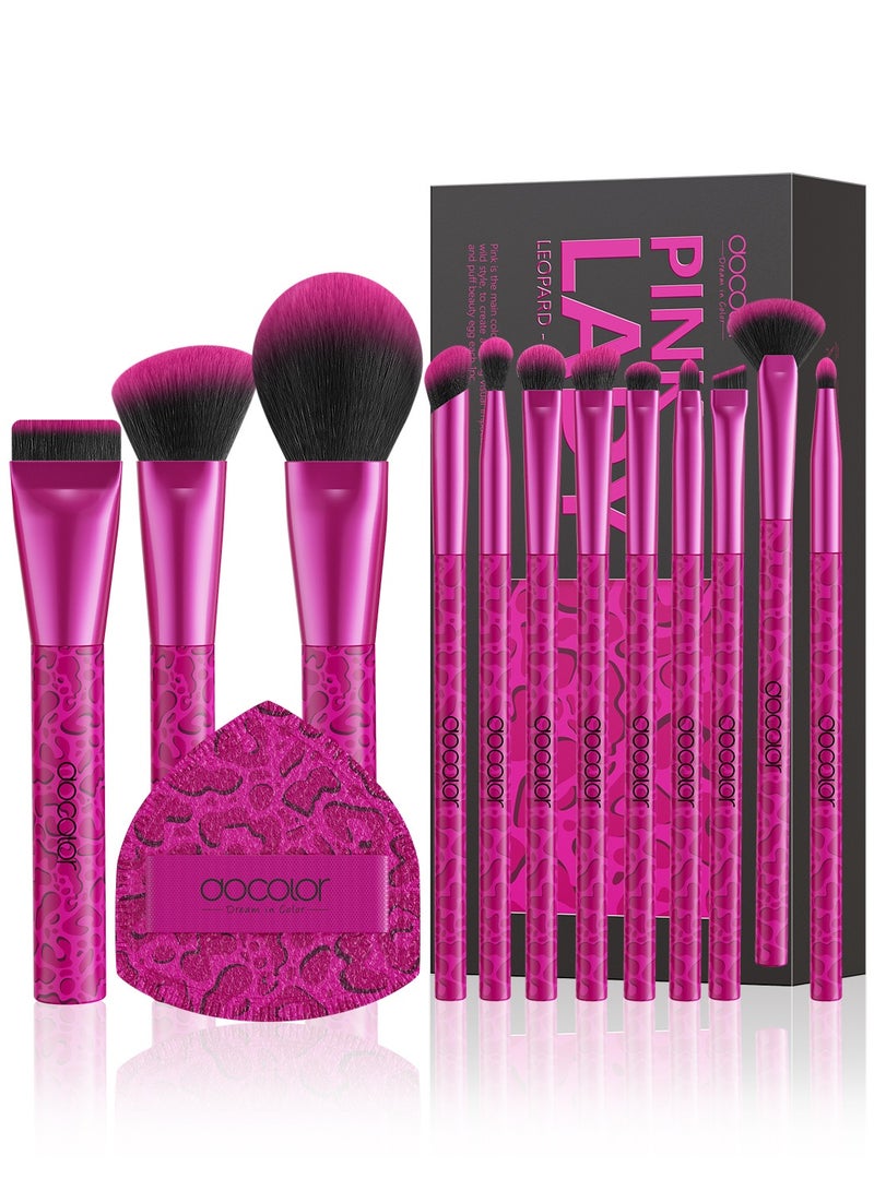 docolor 12-Piece Pink Leopard Makeup Brush Set – with Large Powder Puff for Face & Eye Makeup - Image 2