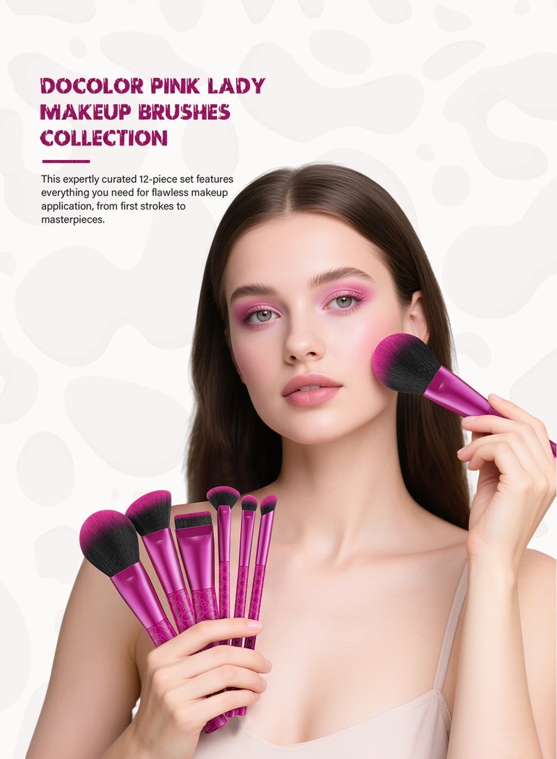 docolor 12-Piece Pink Leopard Makeup Brush Set – with Large Powder Puff for Face & Eye Makeup - Image 4