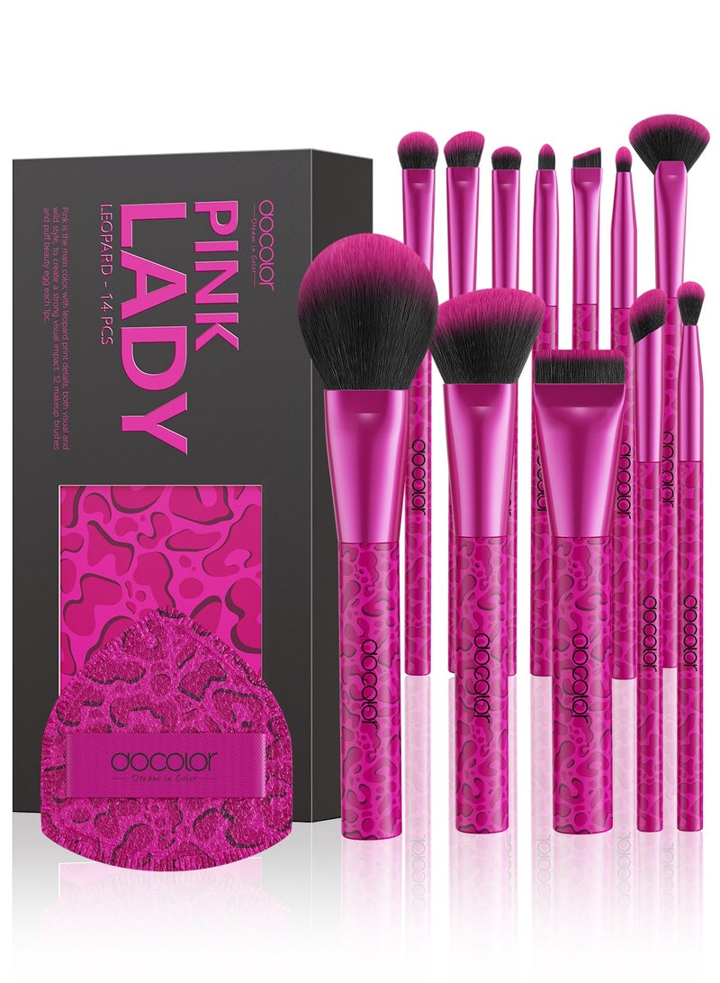 docolor 12-Piece Pink Leopard Makeup Brush Set – with Large Powder Puff for Face & Eye Makeup - Image 3
