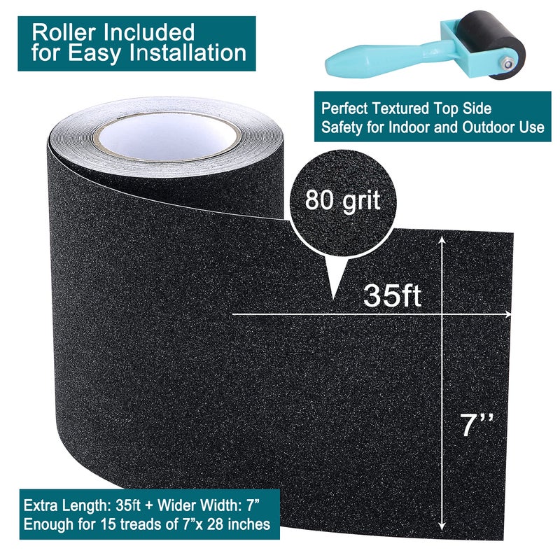 Leyibo Anti Slip Traction Tape With Roller 7Inch X 35Ft Non Slip Grip Tape For Stair Outdoor/Indoor Waterproof Anti Skid Grit Roll For Stair Step High Traction Non Skid Abrasive Stair Treads- Black - Image 3