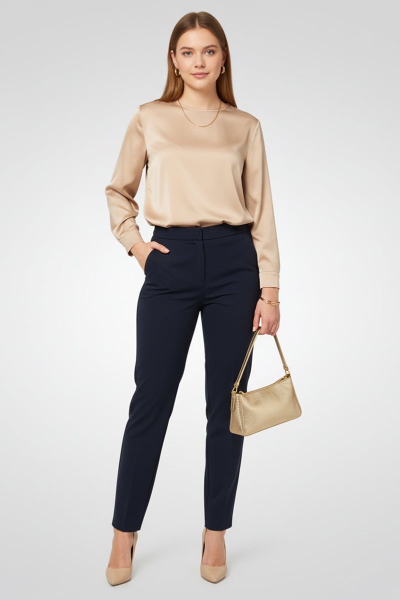 armani Emporio Armani Women Regular Fit Solid Stretchable Tapered Pants, Navy Blue - Image 2