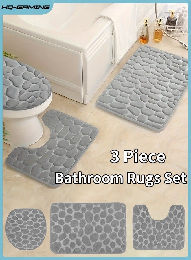 HQ-GAMING Cobblestone Flannel Bathroom Rug Set 3 Piece Extra Thick Non Slip Water Absorbent Washable Bath Mats for Tub Toilet Floor Grey Ideal for Bathroom Home Use - Image 1