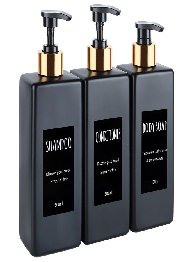 DEROANBOTT Shampoo and Shower Gel Dispenser - Shower Soap Dispenser -16.9 Ounces, 3 Matte Black Plastic Bottles - with Gold Pump Dispenser, Stylish Waterproof Label Shower Empty Bottle(Black) - Image 1