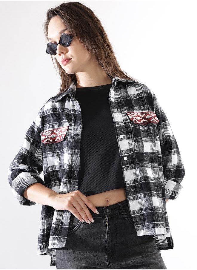 HIGH STAR Women Oversized Fit Checked Embroidered Casual Shirt  - Image 1