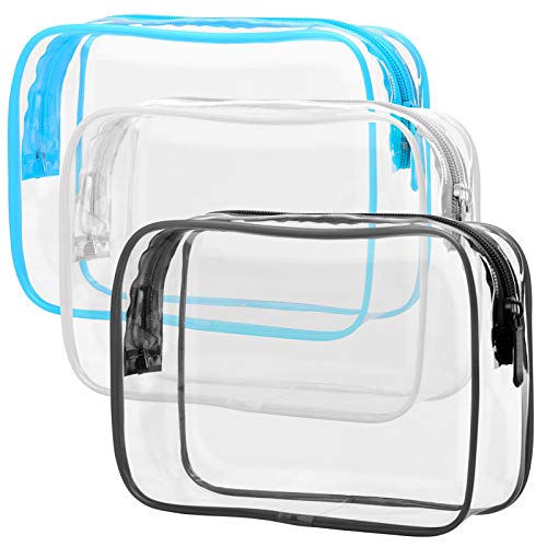 PACKISM Clear Cosmetic Bag TSA Approved Clear Makeup Bag Travel Toiletry Bag Beauty Quart Size Bag 3 Pack Black White Blue