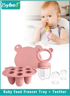 Baby Food Fruit Feeder Pacifier + Food Freezer Tray With 2 Replacement Silicone Pouches and Lid, Multi-Purpose Infant Teething Popsicle Molds and Teething Toy Set
