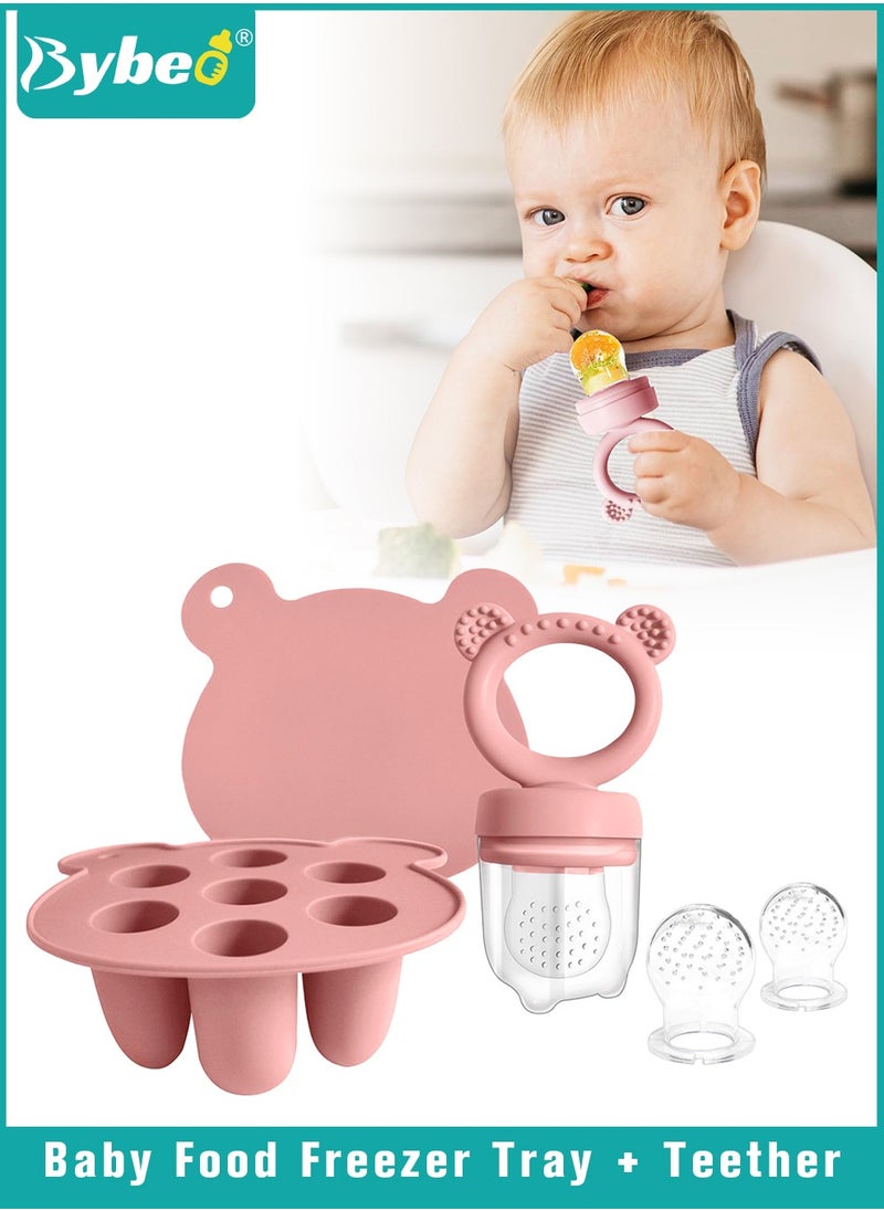 Bybeo - Baby Food Fruit Feeder Pacifier + Food Freezer Tray With 2 Replacement Silicone Pouches and Lid, Multi-Purpose Infant Teething Popsicle Molds and Teething Toy Set - Image 1