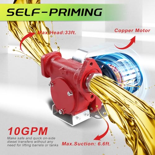 PRUNkuar 12V Fuel Transfer Pump w/Manual Nozzle & Hose, 10 GPM High Flow DC Diesel Transfer Pump, Heavy Duty Fuel Oil Transfer Pump with Hoses for Gasoline, Diesel, Kerosene & More - Image 4