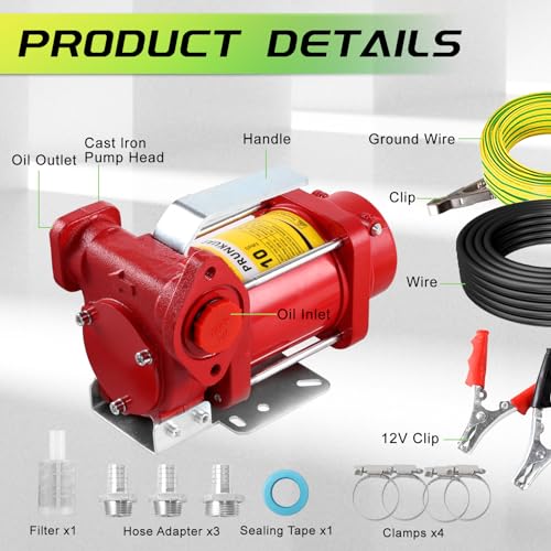 PRUNkuar 12V Fuel Transfer Pump w/Manual Nozzle & Hose, 10 GPM High Flow DC Diesel Transfer Pump, Heavy Duty Fuel Oil Transfer Pump with Hoses for Gasoline, Diesel, Kerosene & More - Image 2