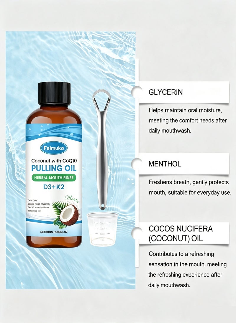 Feimuko Fresh Breath Mouthwash(3.38 Fl.Oz) with Coconut and Peppermint Oil, Alcohol Free Daily Oral Hygiene Care Set for Protecting Teeth, Refreshing Breath and Aroma Maintenance - Image 5
