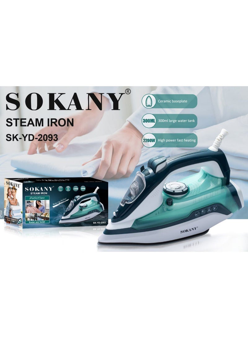 sokany Sokany Steam Iron with 300ml Water Tank 2200W Spray Nozzle, SK-YD-2093 Features Dry, Steam and Spray Functions Equipped with Spray Button Made of Ceramic Plate Contains a Temperature Control Dial Steam Output Controller - Image 1